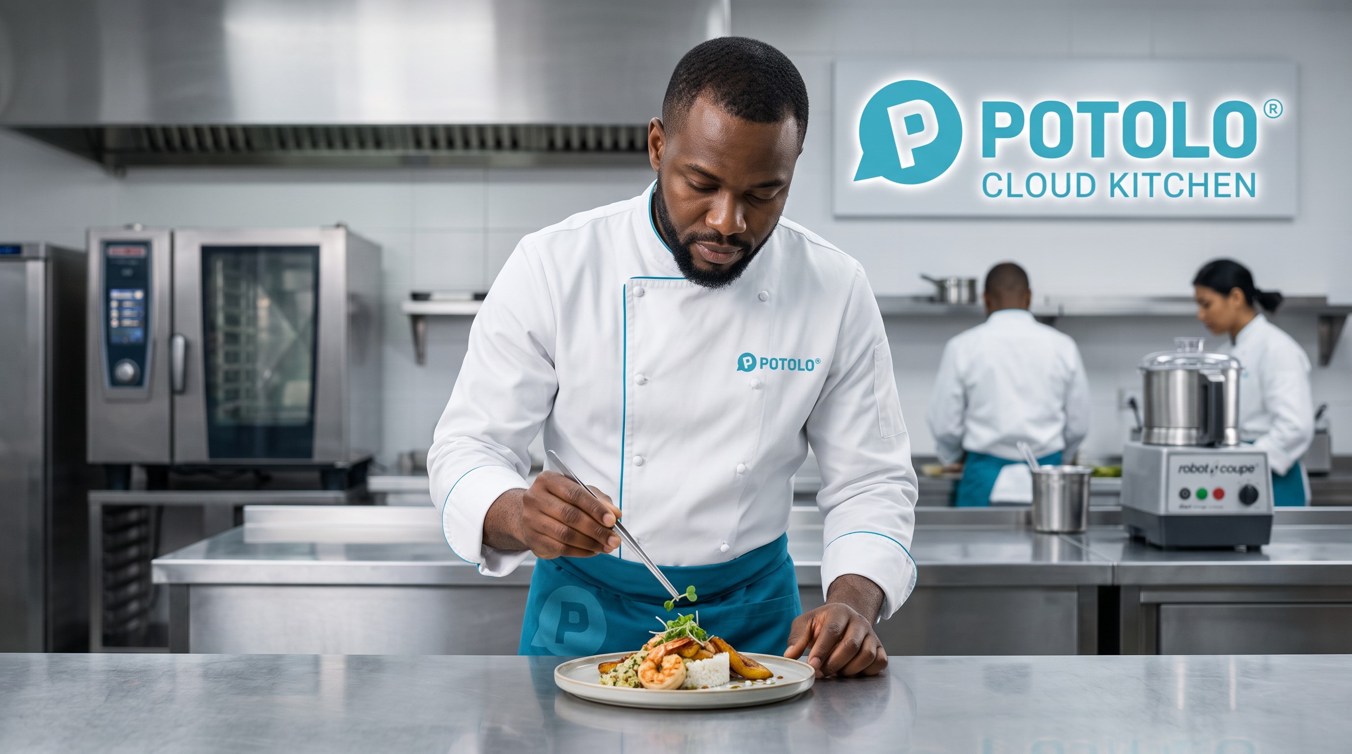 Chef plating a dish inside a Potolo cloud kitchen