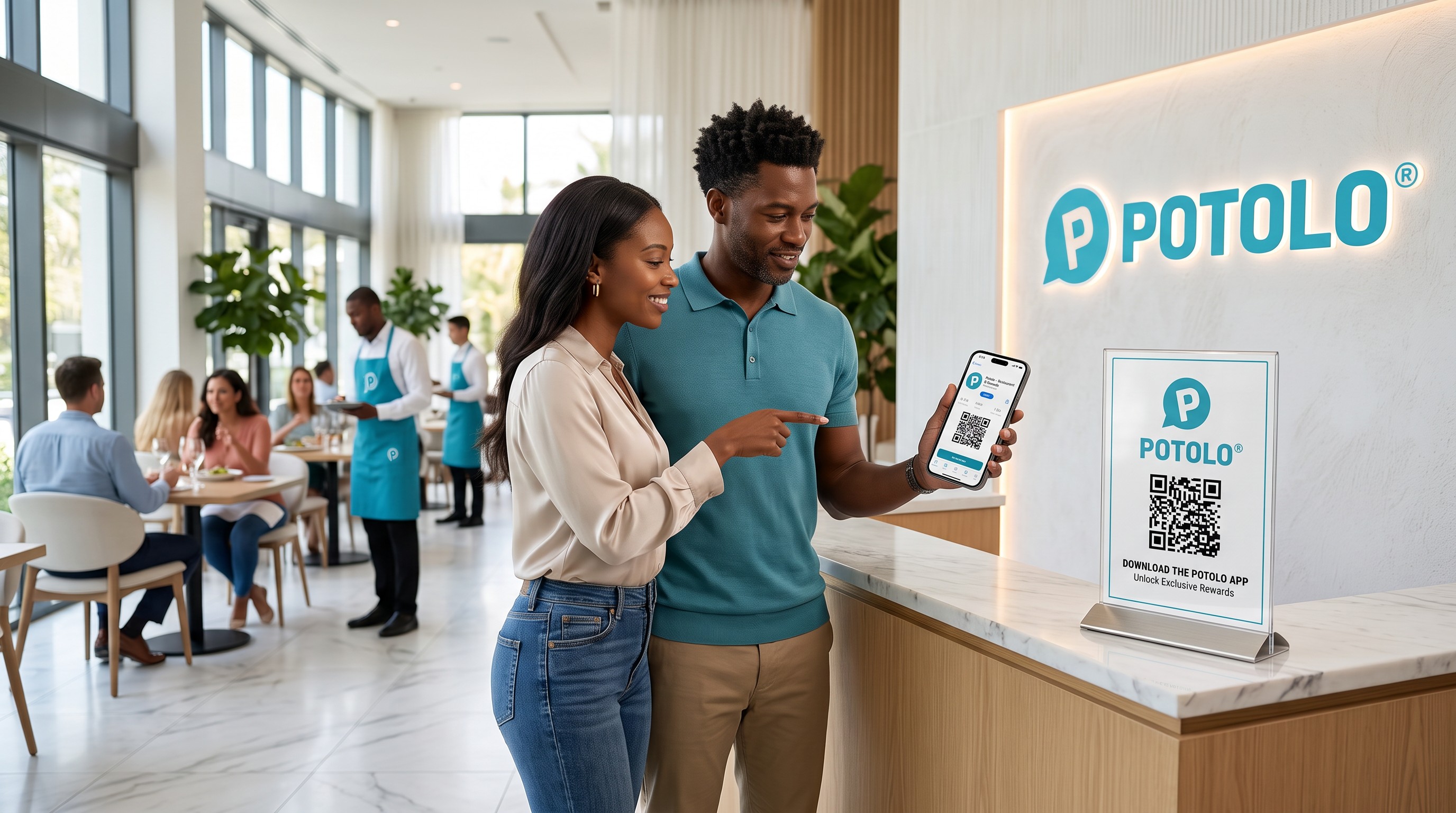 Diners downloading the Potolo app at a partner restaurant